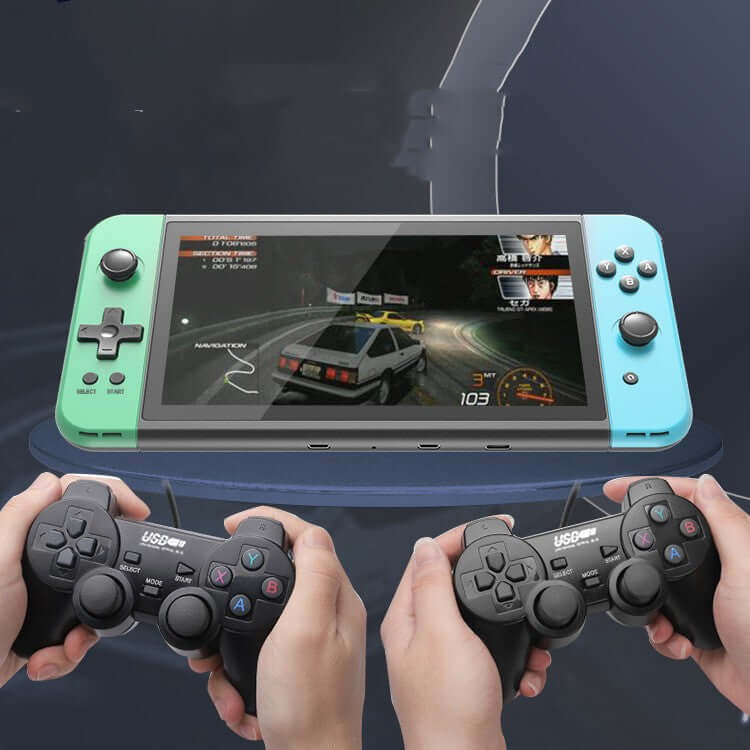 HD handheld game console X70 with two players, featuring USB interface and black design for gaming fun.