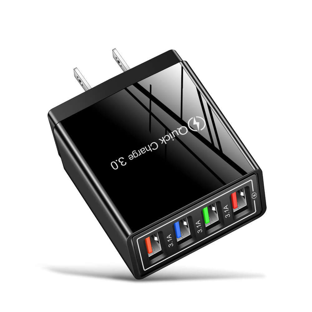 USB Charger Quick Charge 3.0, four-port wall adapter for fast charging multiple devices simultaneously.