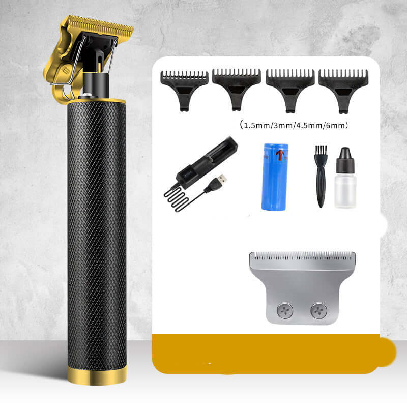 Professional electric hair clipper with multiple comb attachments and grooming tools in a modern design.