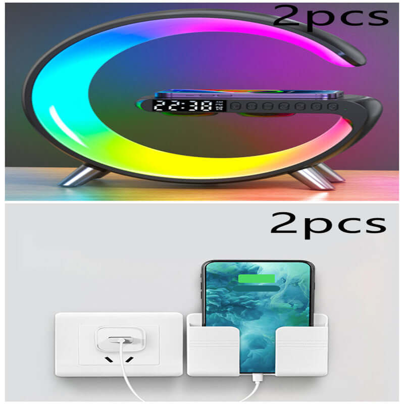 New G-shaped LED lamp with clock and wireless charger, colorful light and smartphone charging dock.
