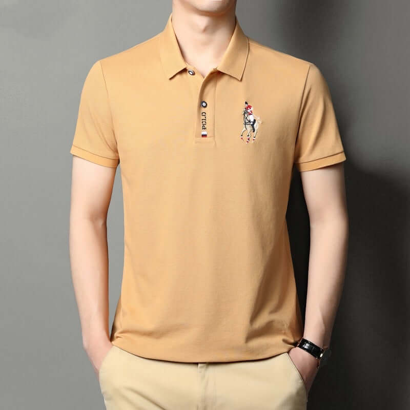 Men's summer lapel cotton top in solid beige with embroidered design, suitable for casual wear.