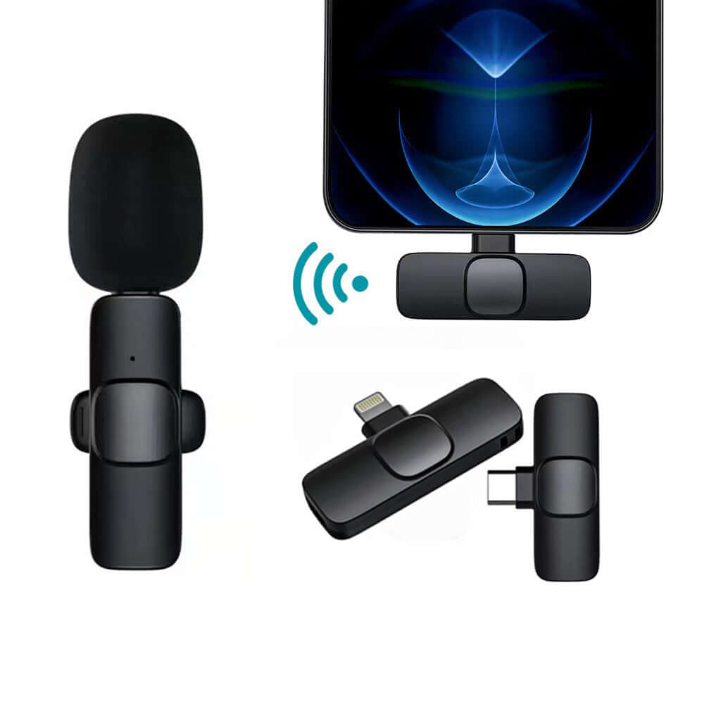 Wireless lavalier microphone with portable design for easy audio video recording on smartphones.