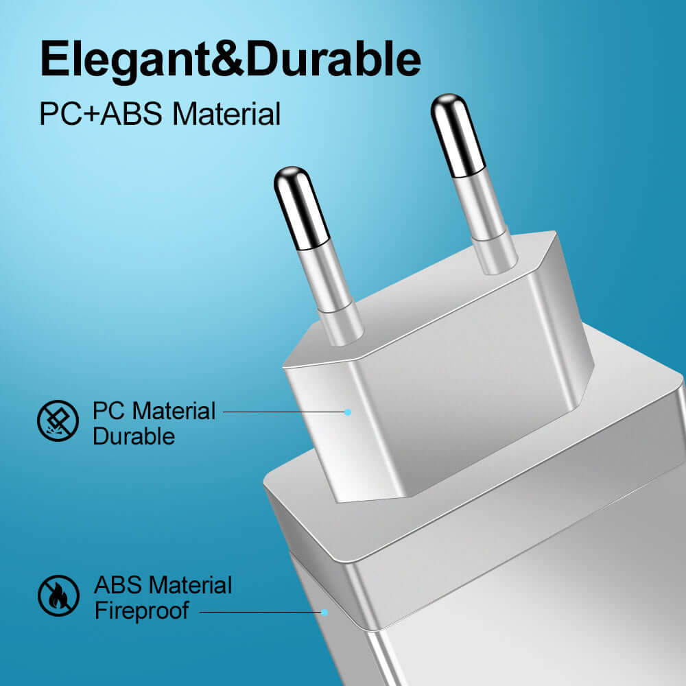 USB charger made of PC and ABS materials, showcasing durability and fireproof features. Ideal for travel and everyday use.