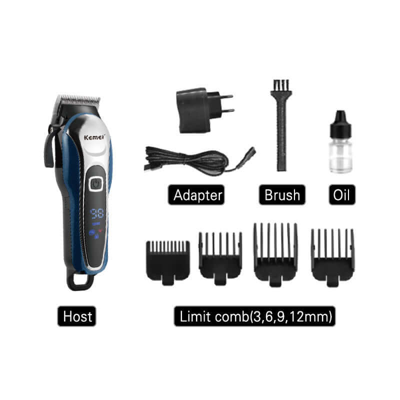 Kemei KM-1995 electric hair clipper with adapter, brush, oil, and limit combs in blue color.