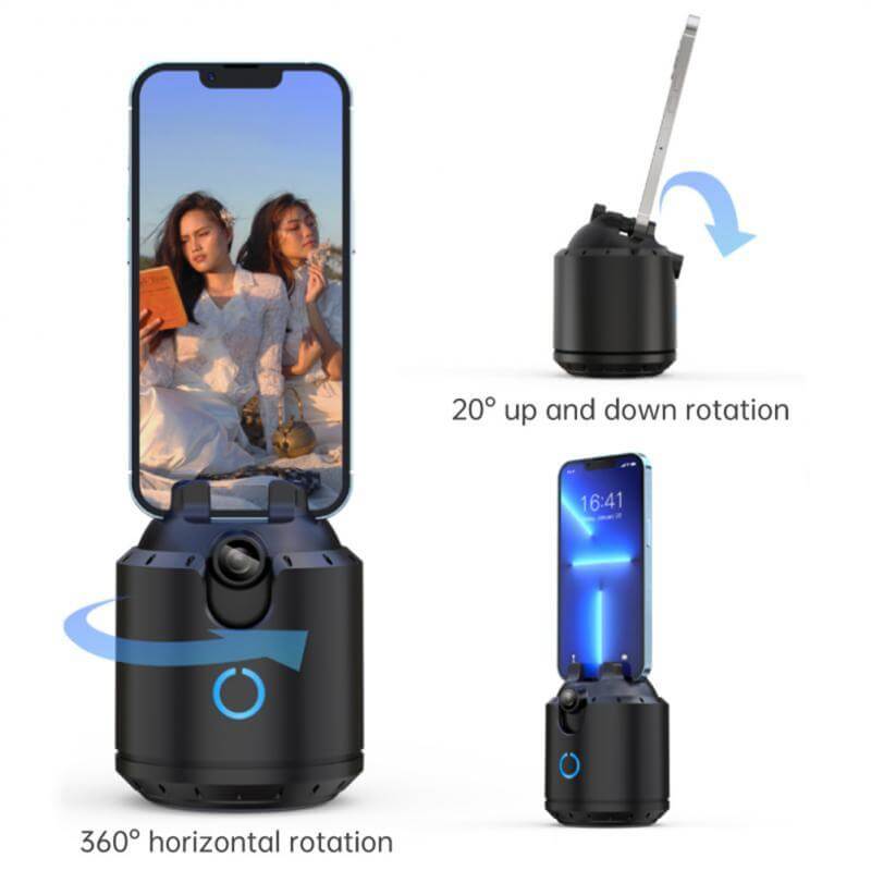 Intelligent dual-axis camera showing 20° vertical and 360° horizontal rotation with mobile phone attachment.