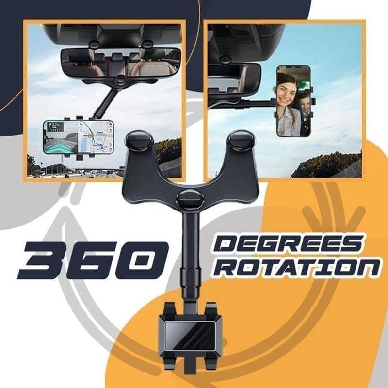 360-degree rotatable rearview mirror phone holder for hands-free navigation and video calls in cars.