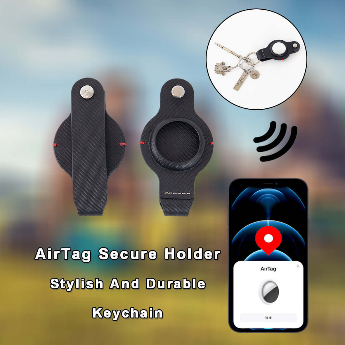 AirTag secure holder with key ring, stylish and durable keychain accessories for Apple AirTag, showing keys and tracking feature.
