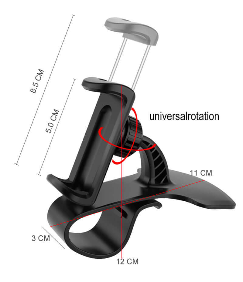 360-degree rotation universal car phone holder with dimensions labeled for easy reference and installation.
