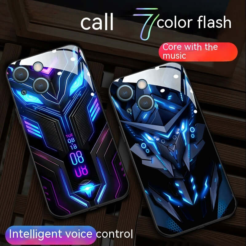 Colorful phone cases with light-up features, intelligent voice control, and vibrant cartoon designs for Apple models.