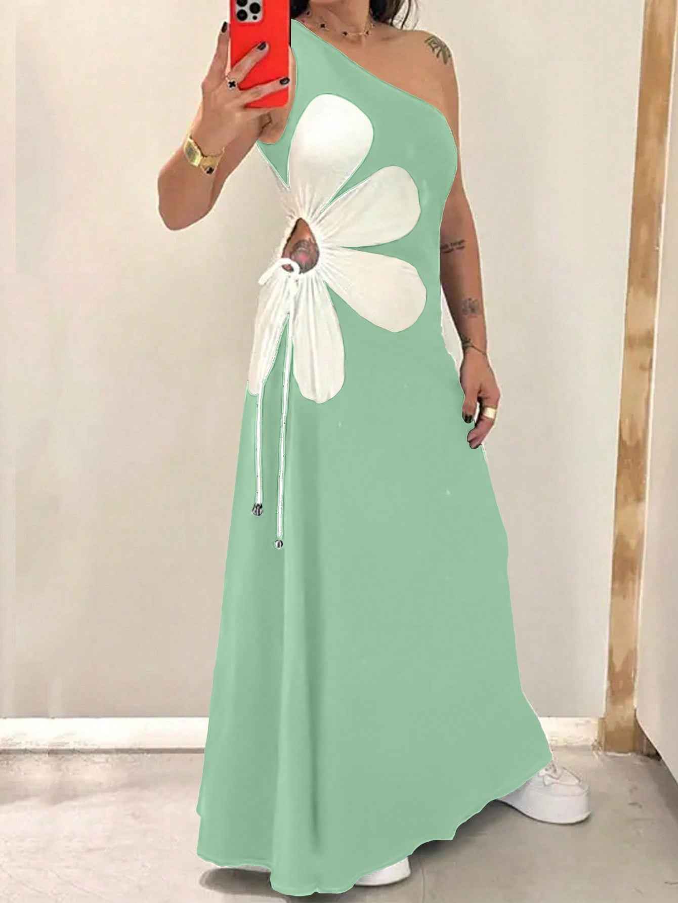 Large Flower Off-the-shoulder Sling Dress - DBMP Shop