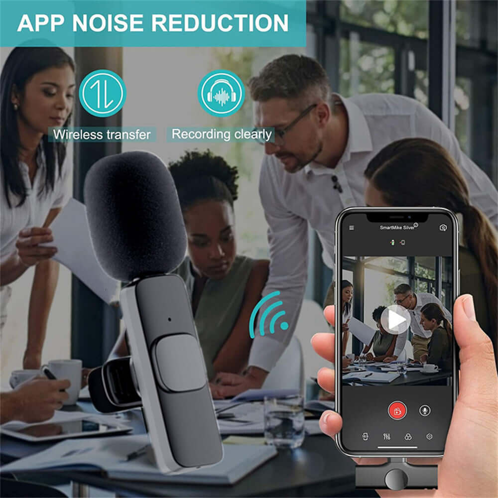 Wireless lavalier microphone with noise reduction for clear recording during meetings and live broadcasts.