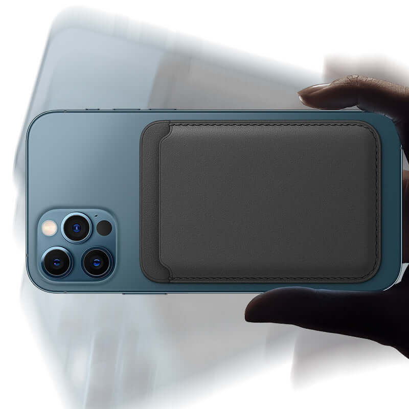 Magnetic luxury leather card holder wallet case attached to a smartphone back, showcasing its sleek design and function.