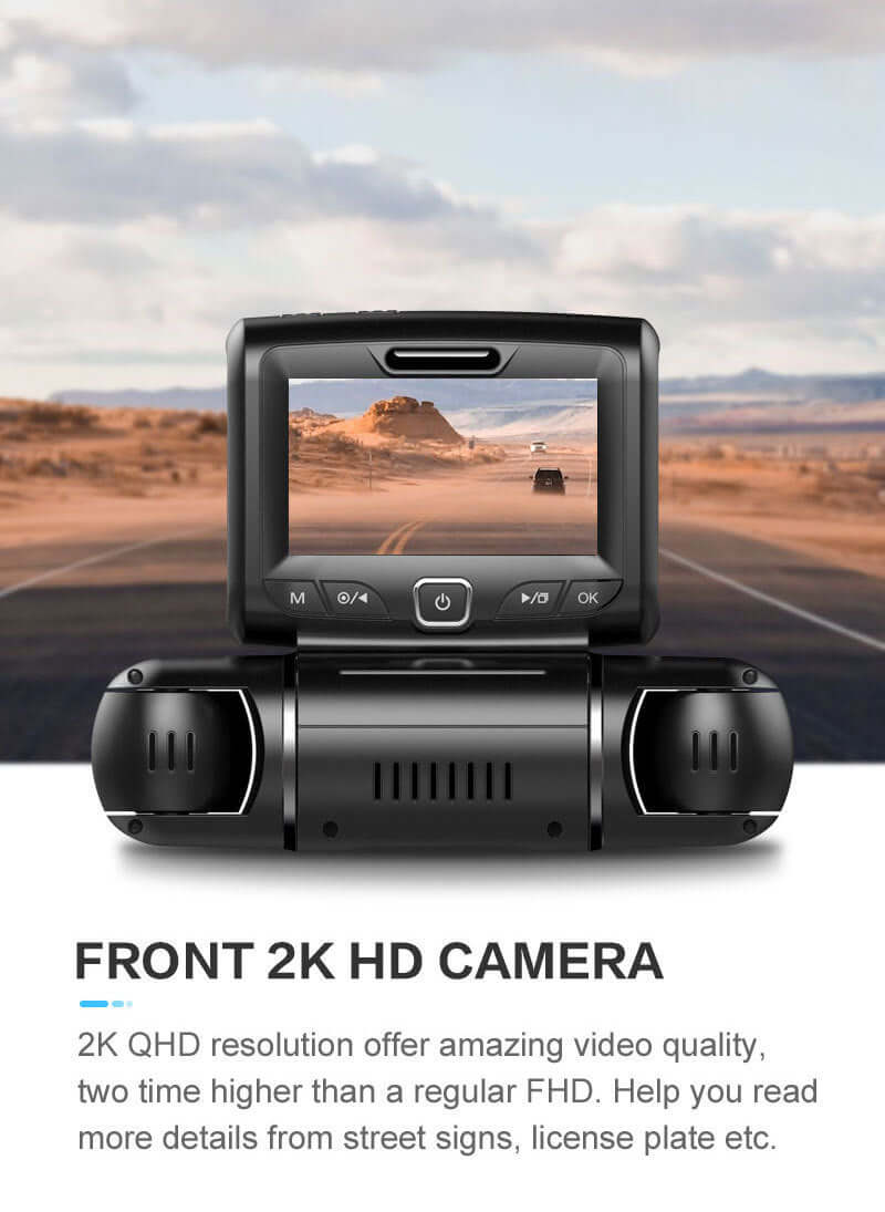 Front view of a 2K HD driving recorder showcasing video quality features and a scenic road background.
