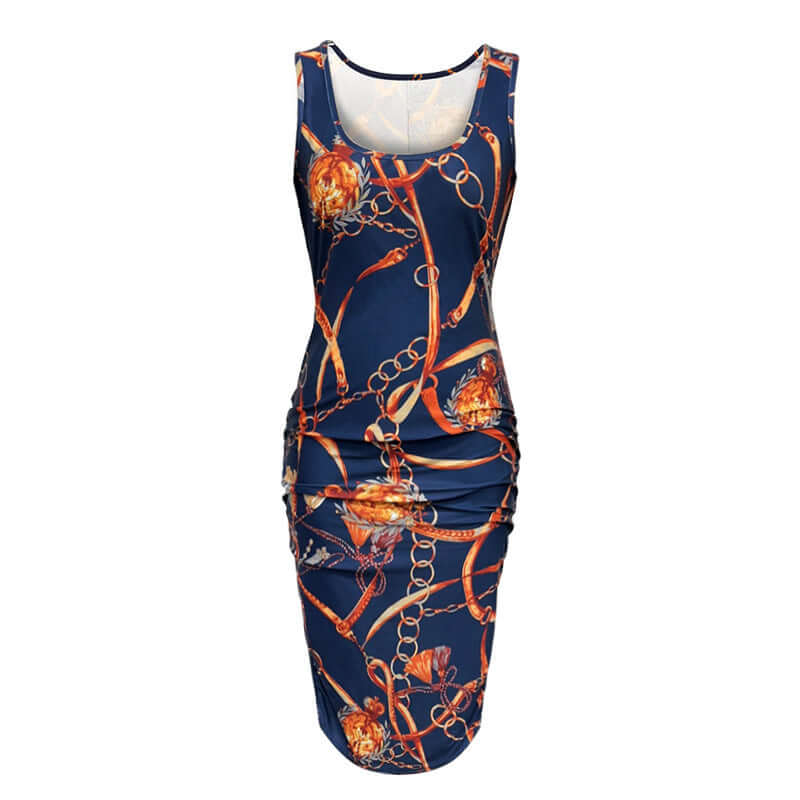 Women's navy sleeveless plus size dress with positioning print, ideal for stylish summer wear.