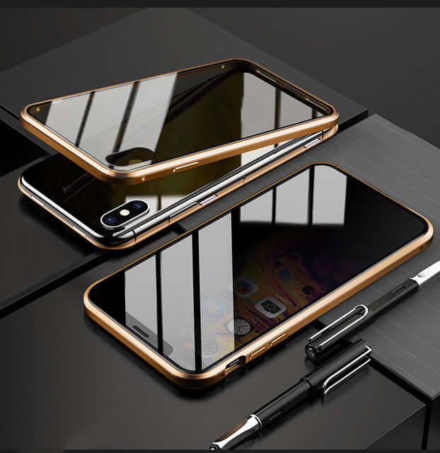 Anti-peep magnetic phone case with tempered glass and metal frame, compatible with iPhone models, showcasing flip style design.