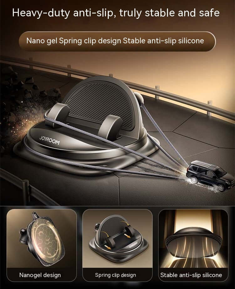 Universal car phone holder with heavy-duty anti-slip mat features nano gel and spring clip design for stability.