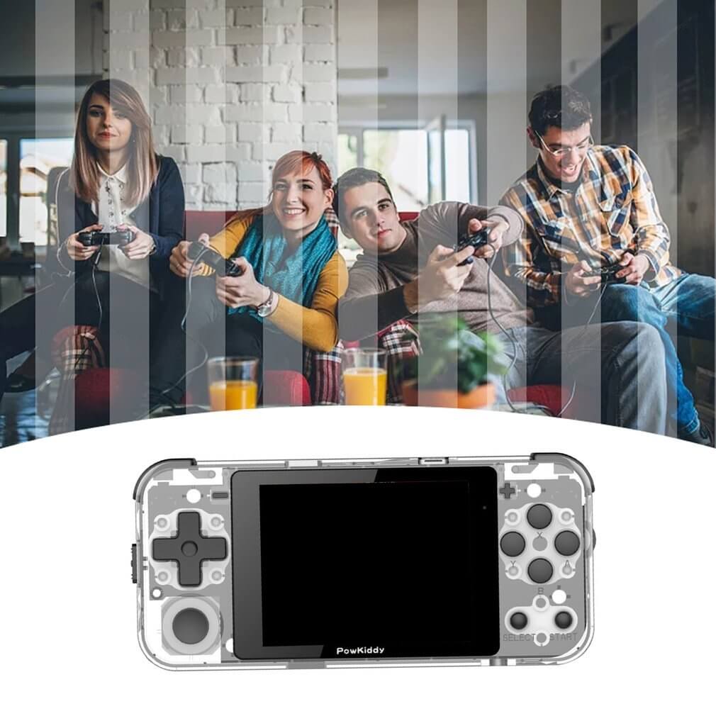 Retro joystick game console with IPS screen, showcasing friends enjoying gaming together.