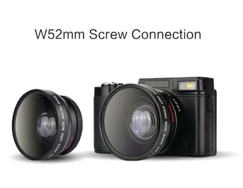 HD digital camera with W52mm screw connection and attached wide-angle lens for enhanced shooting options.