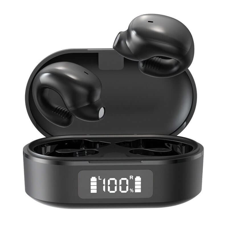 Black clip-on Bluetooth headset with digital display, waterproof, long battery life, creative design, and ergonomic fit.