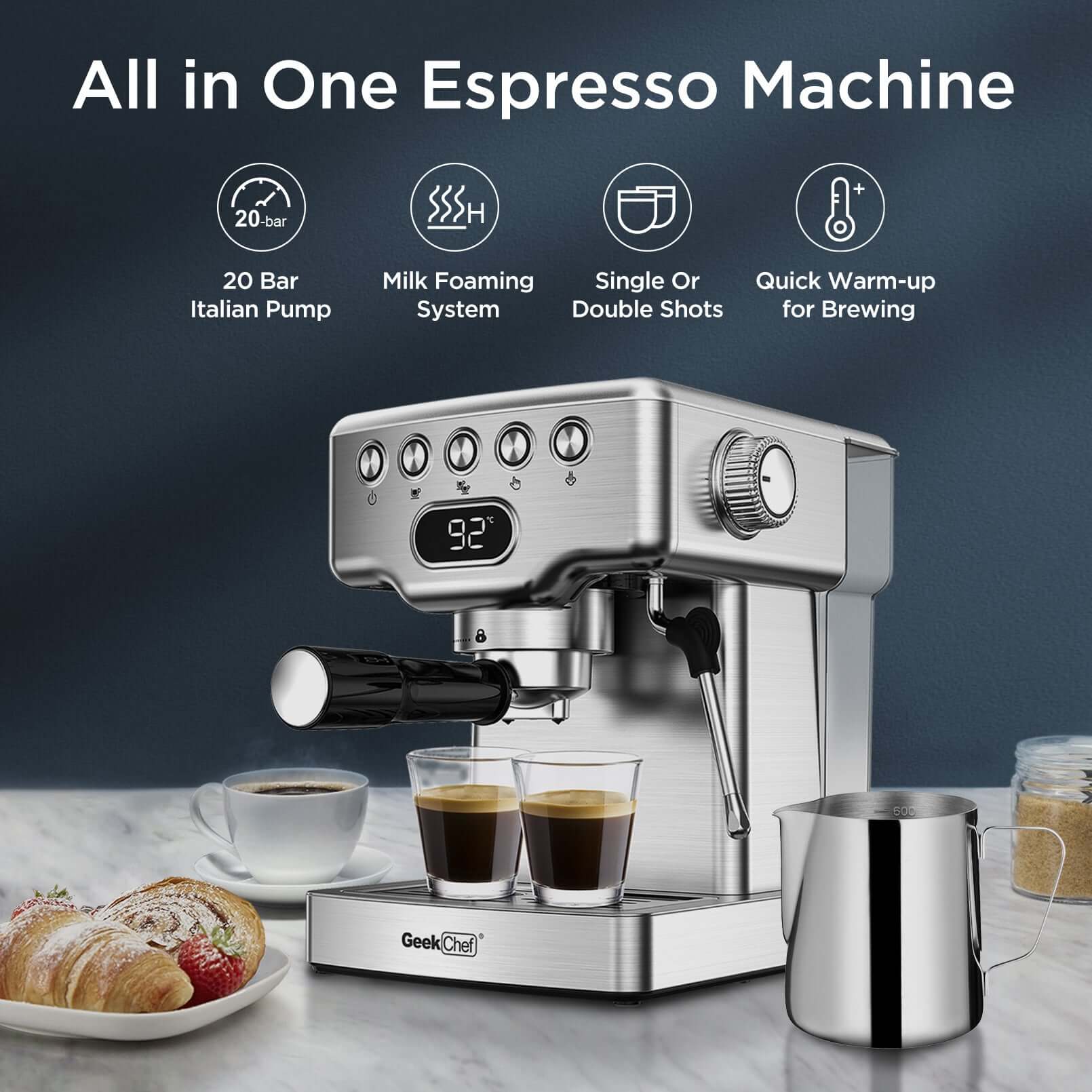 Geek Chef Espresso Machine with 20 bar pump and milk frother for home espresso brewing.