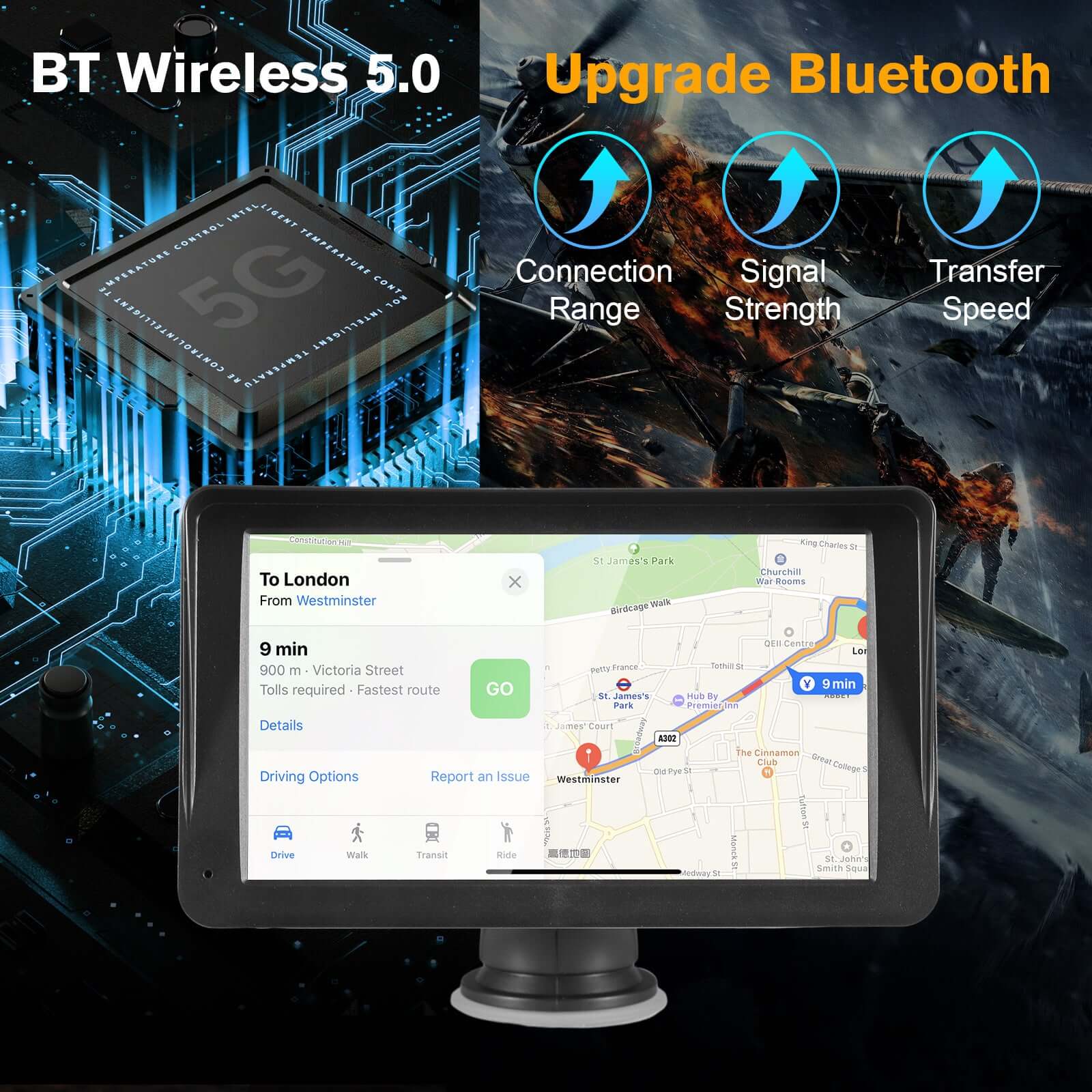 Car navigation monitor with Bluetooth 5.0, showing directions to London and enhanced connectivity features.