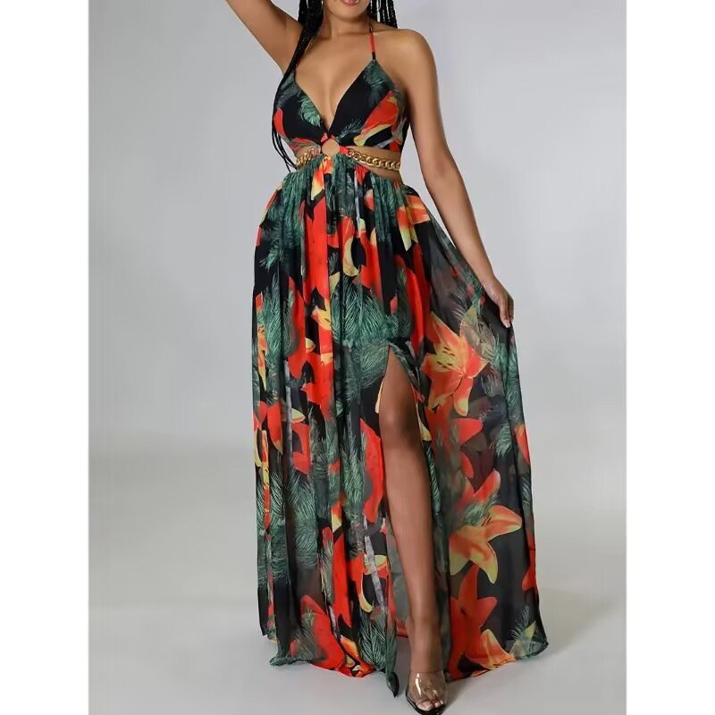 Elegant Womens Floral Print Halter V - neck Backless Side - Slit Dress Cut Out Waist Chain Sleeveless High Side Split Fit Flare Maxi Long Dresses - DBMP (Electronics And More Store)