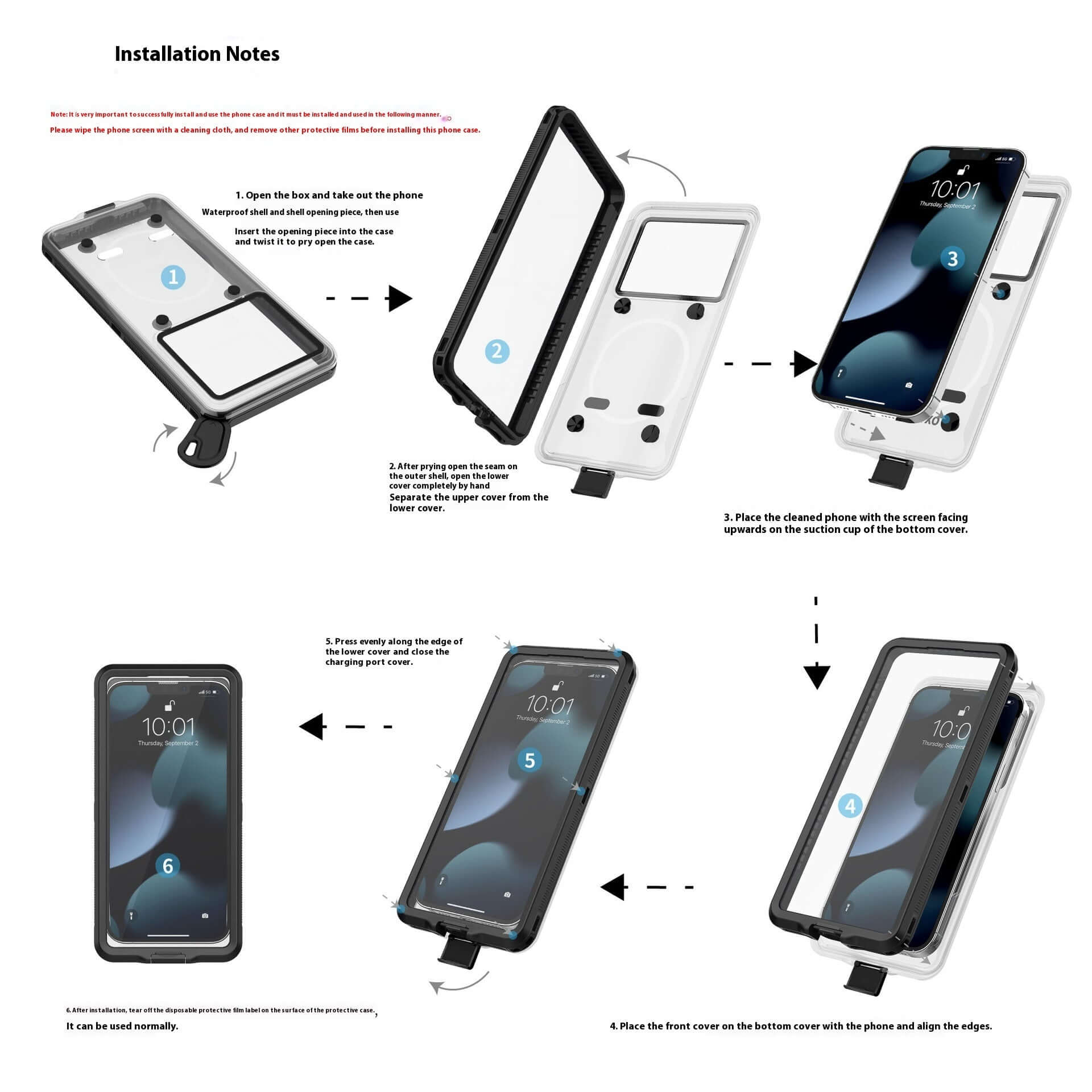 Installation guide for waterproof phone case showing steps for secure setup in black and white design.
