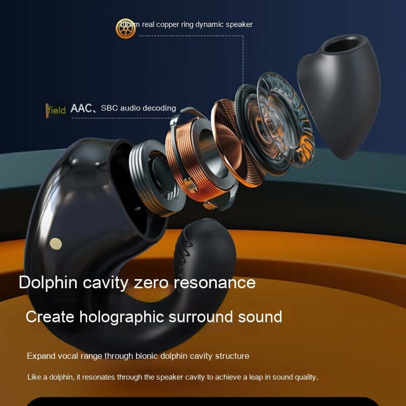 Exploded view of Dolphin cavity zero resonance Bluetooth headset showcasing copper speaker components and sound design.