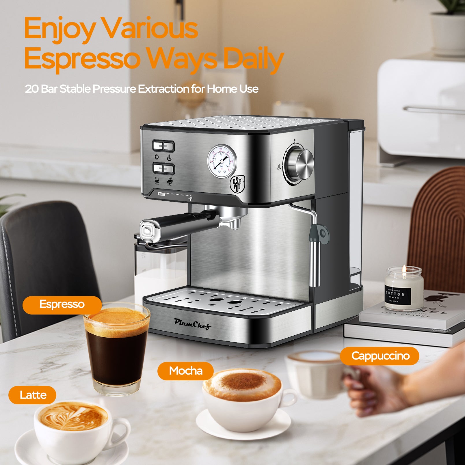 20 Bar Professional Espresso Machine With Milk Frother, Single Double Shot, ESE Pod Compatible, Visual Display Of Pressure, Removable Water Tank For Cappuccino, Latte, Machiato For Home Barista - DBMP (Electronics And More Store)