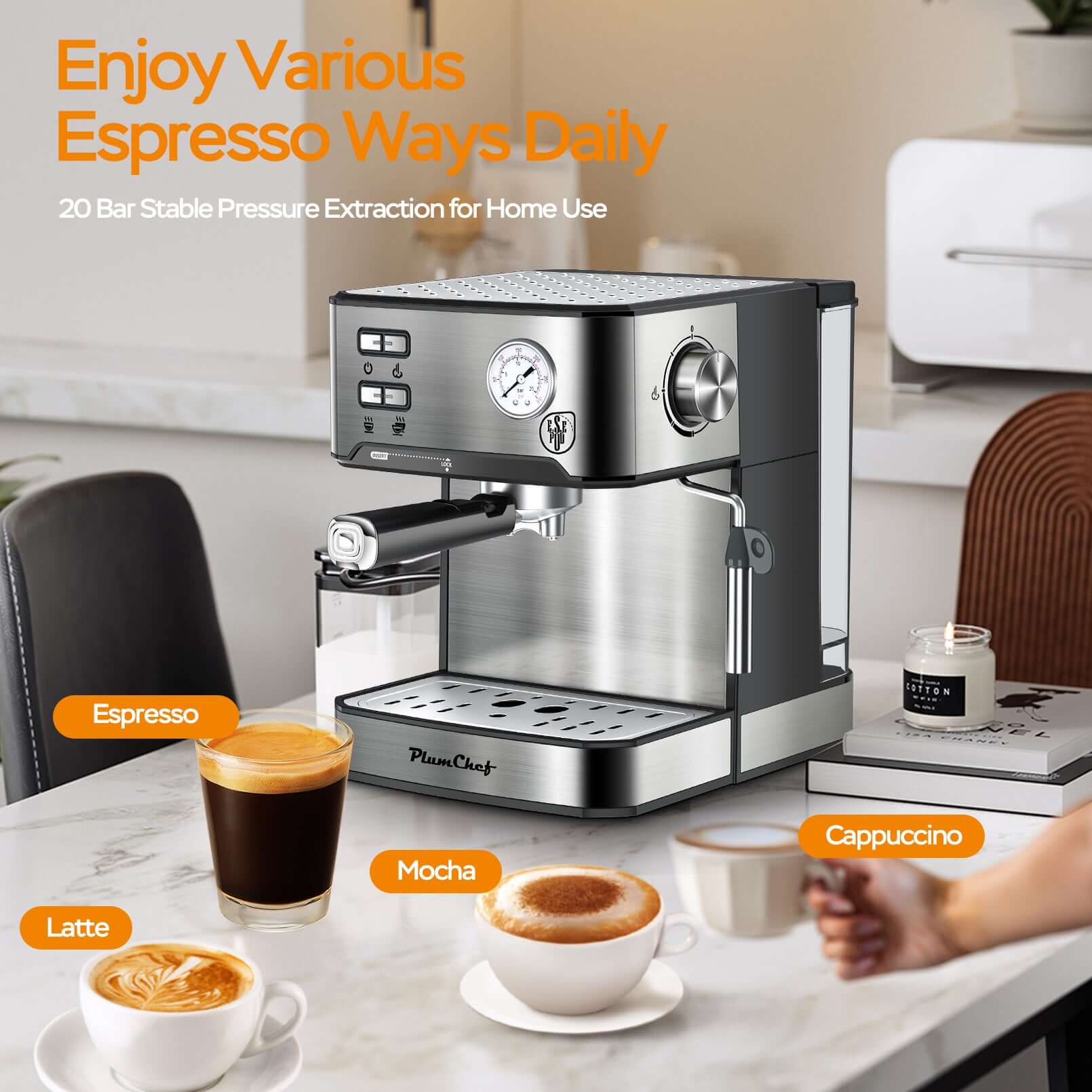 20 Bar Professional Espresso Machine With Milk Frother, Single Double Shot, ESE Pod Compatible, Visual Display Of Pressure, Removable Water Tank For Cappuccino, Latte, Machiato For Home Barista - DBMP (Electronics And More Store)