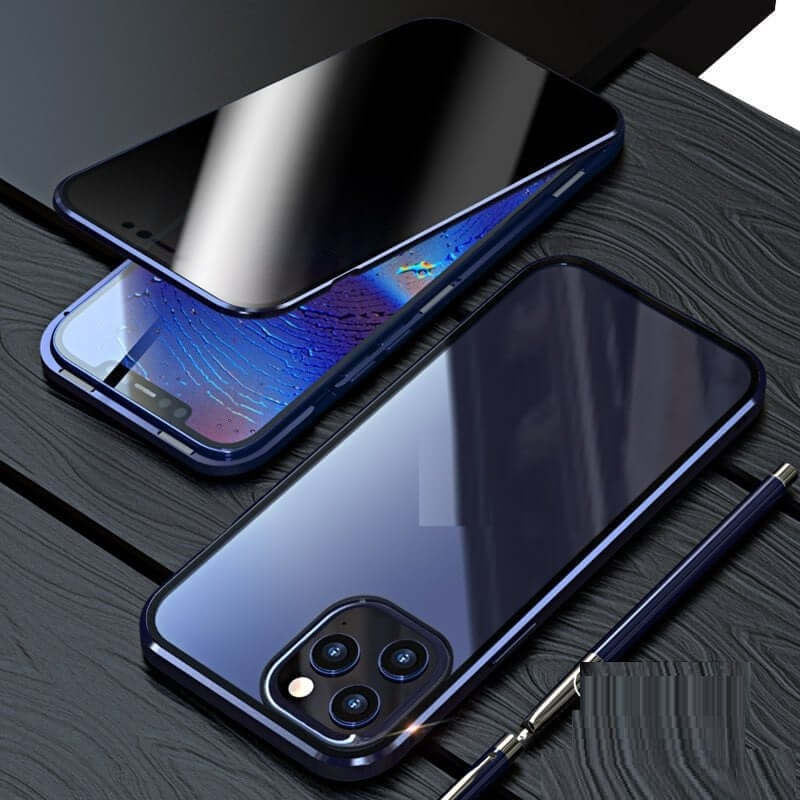Anti-privacy magnetic adsorption case for iPhone, featuring dual glass cover, sleek design, and available in multiple colors.