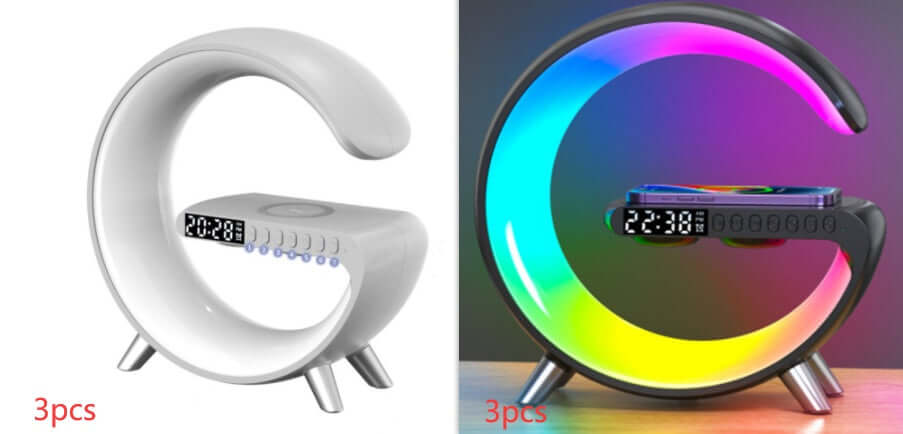 New G-shaped LED lamp with wireless charger and Bluetooth speaker, featuring a clock and colorful atmosphere light.