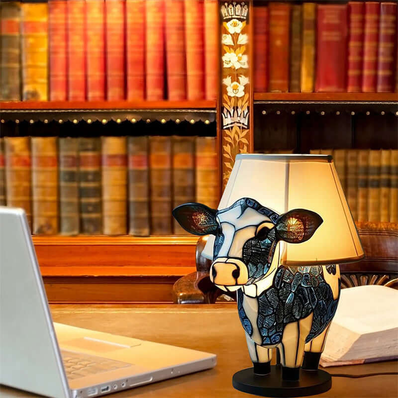 Charming cow table lamp with fabric shade, perfect for bedroom or decor in a cozy library setting.