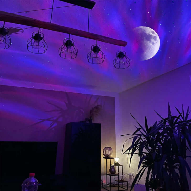 Aurora Borealis projection of stars and moon lighting up a cozy bedroom atmosphere with modern decor.