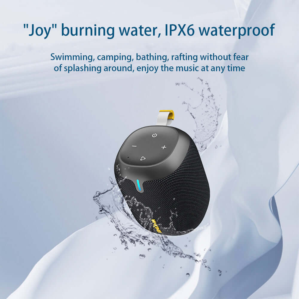 Portable Bluetooth speaker with IPX6 waterproof rating, ideal for outdoor activities like swimming and camping.