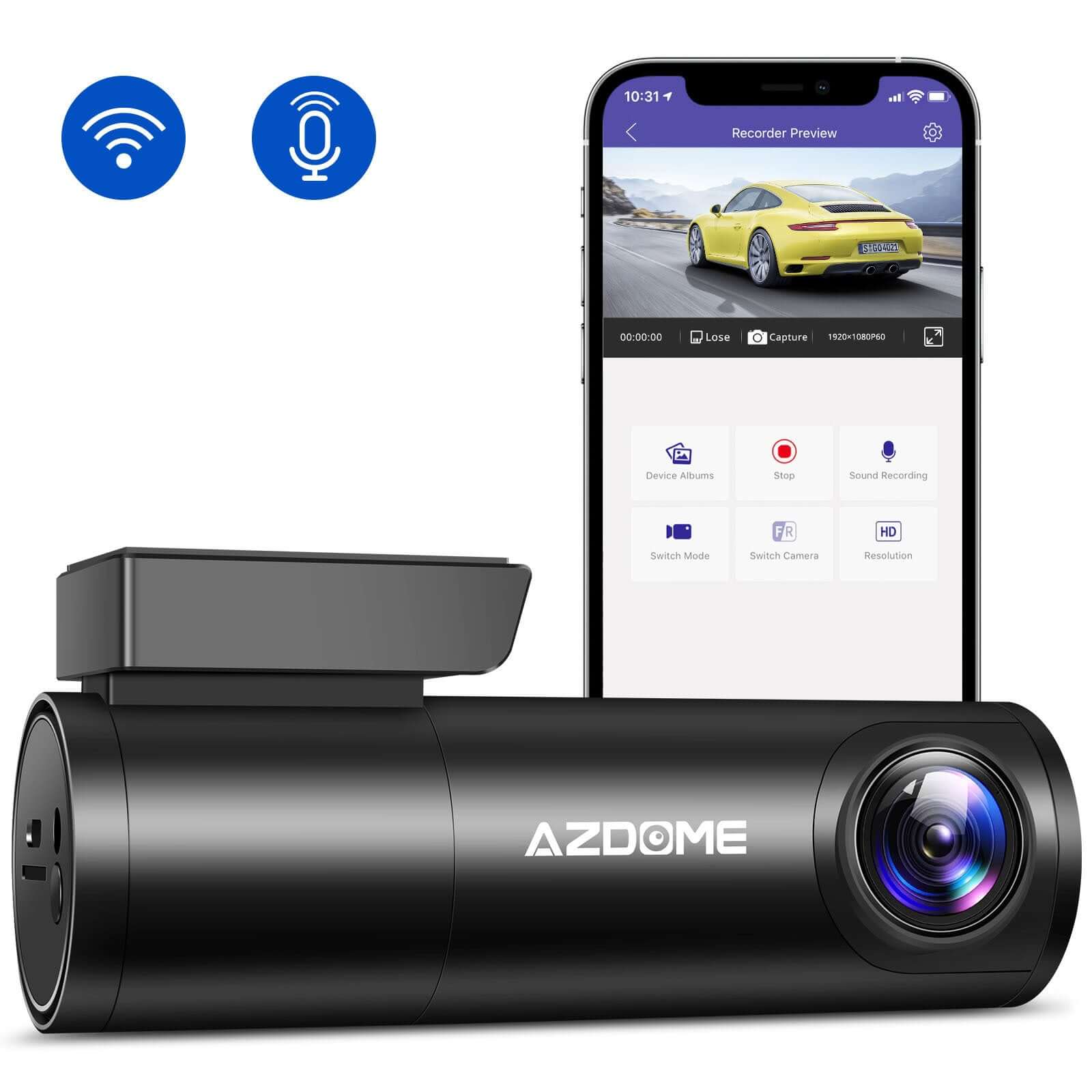 Dual lens 1296P HD recorder with WIFI, voice control, and mobile preview features by AZDOME.