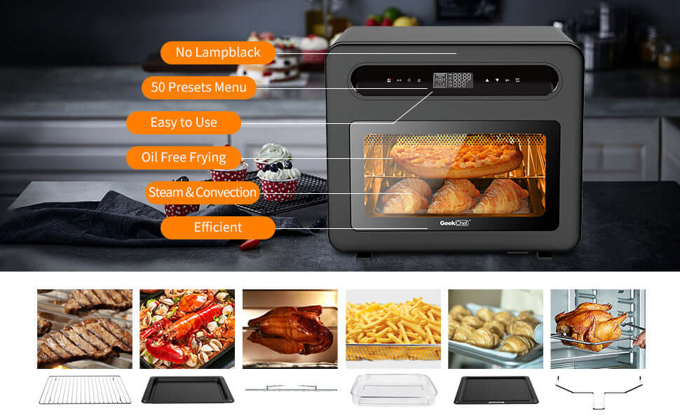 Geek Chef Steam Air Fryer Oven with 50 presets, showcasing efficient cooking and easy use features. Ideal for countertop cooking.