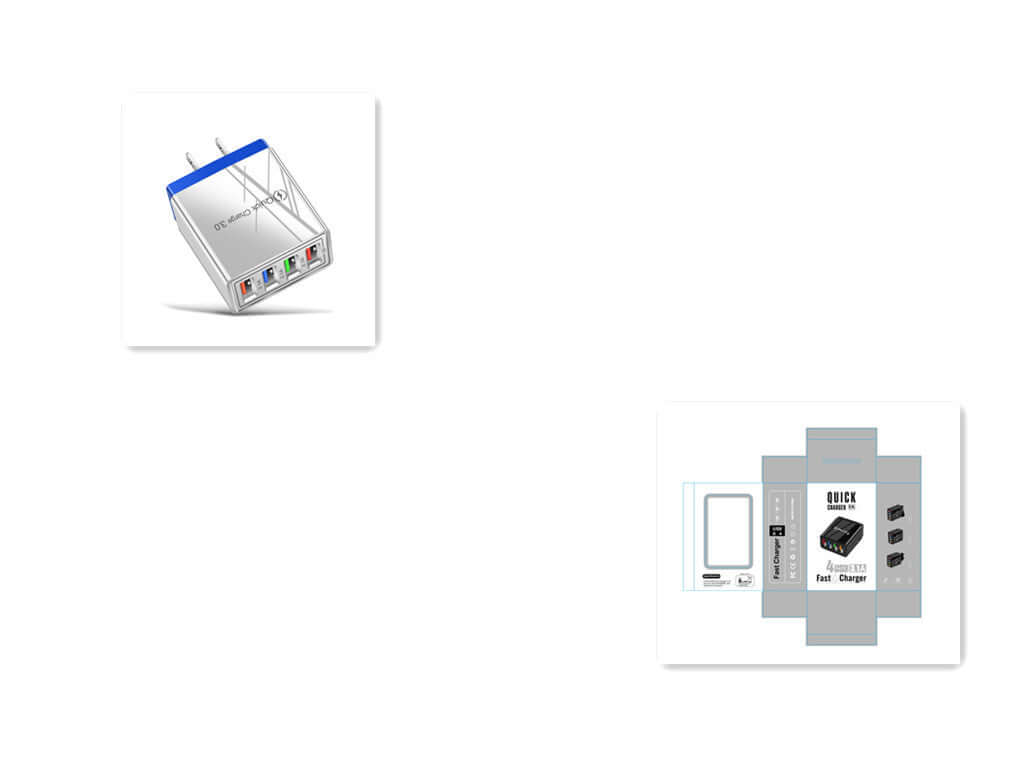 USB Charger Quick Charge 3.0 adapter with four ports, ideal for charging multiple devices simultaneously, packaging included.