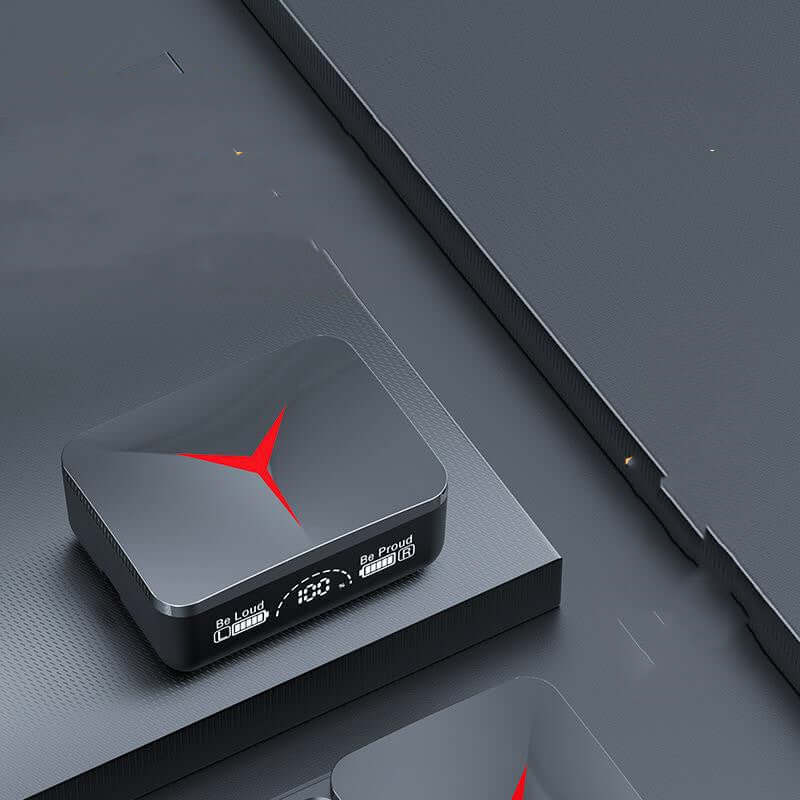 Black charging case for wireless Bluetooth headset with battery display and sleek design.