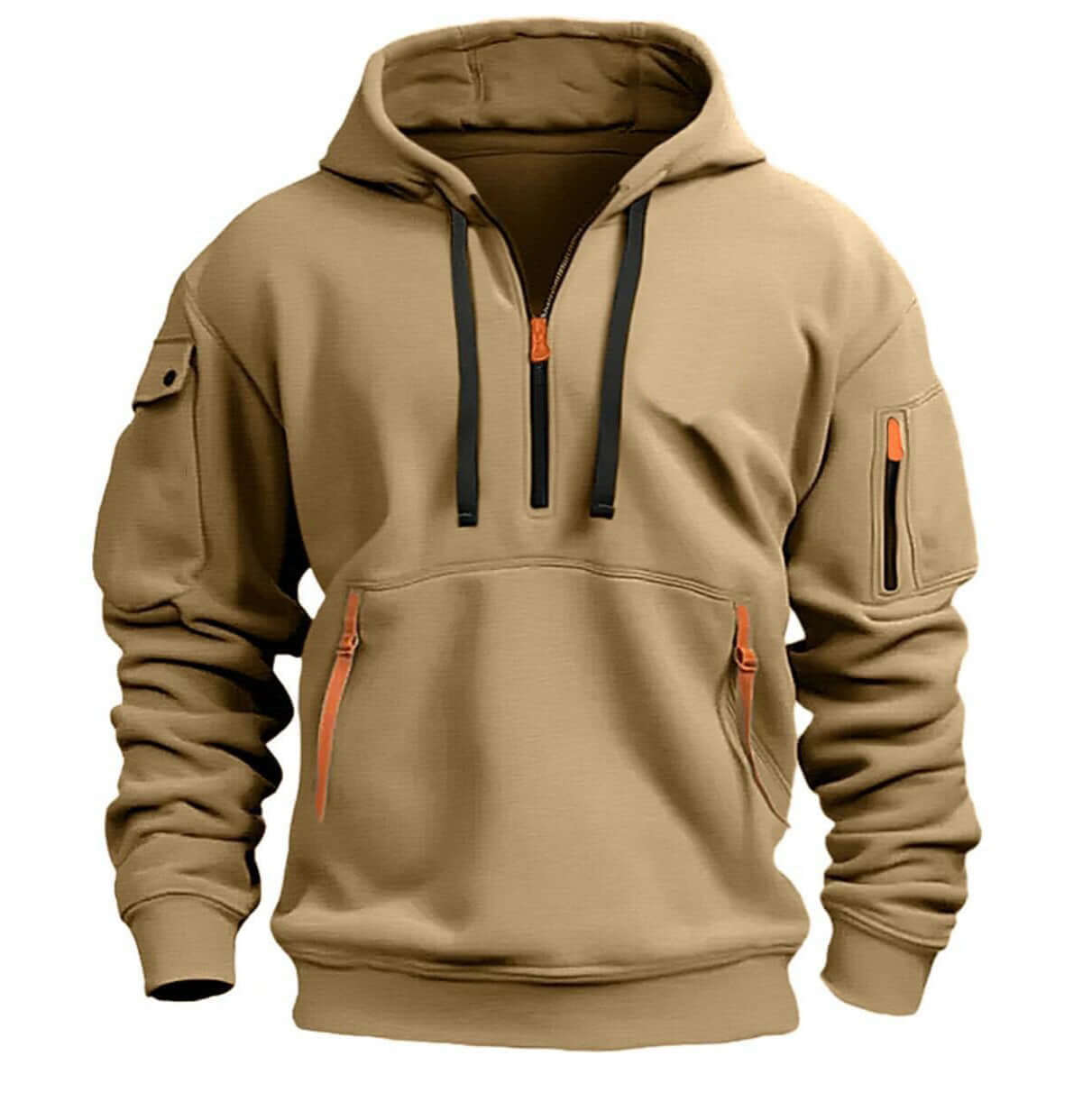Men's plus size hooded pullover sweatshirt in khaki with multiple pockets, stylish and comfortable design.