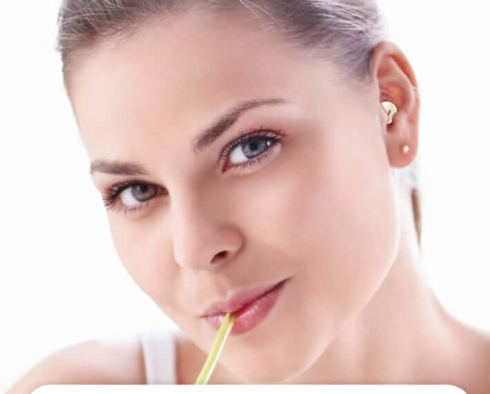 Woman wearing a wireless binaural Bluetooth headset, featuring a stylish design and comfortable fit.