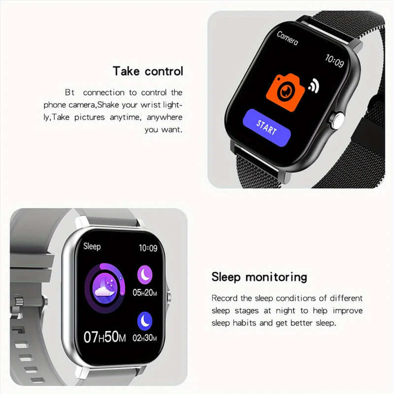 Smart watch with touch screen showing camera control and sleep monitoring features, demonstrating Bluetooth capabilities.