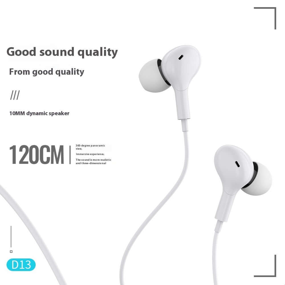White in-ear headphones featuring 10MM dynamic speakers and 120cm cable length for high-quality sound.
