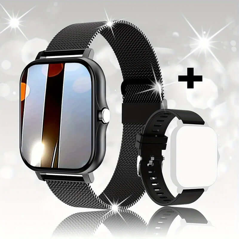 Smart watch with 1.44-inch touch screen, showing Bluetooth features, black metal and silicone straps.