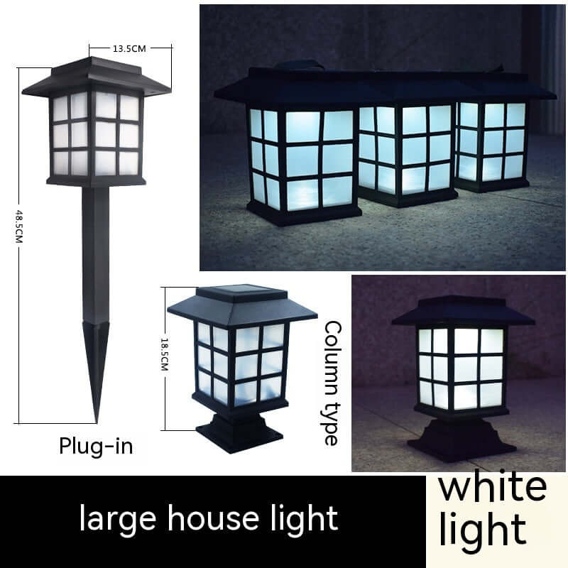 Solar-powered courtyard lamp with white light, durable design and IP65 rating for outdoor use.