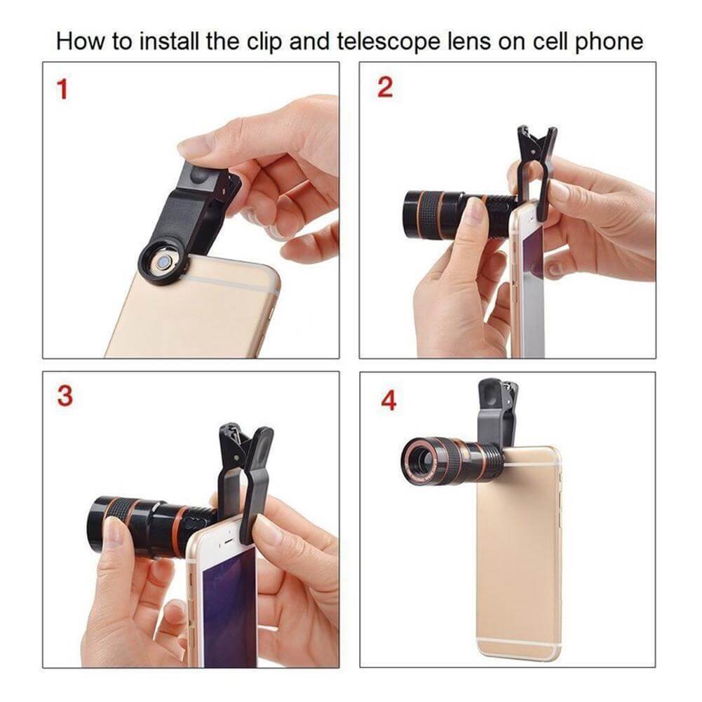 Step-by-step installation guide for HD 8X clip-on telescope lens for mobile phones.