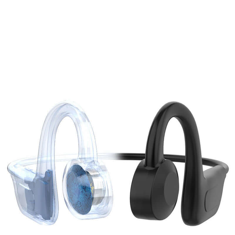 Bone conduction true wireless earphones in black and transparent design, featuring Bluetooth 5.1 and up to 8 hours battery life.