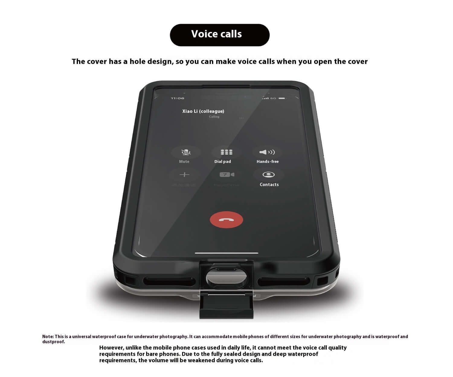 Waterproof phone case with hole design for voice calls, suitable for underwater photography and protection.