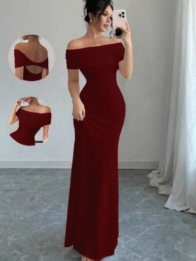 Womens Solid-Colored Sleeveless Off-Shoulder Fashionable Sheath Dress - DBMP Shop