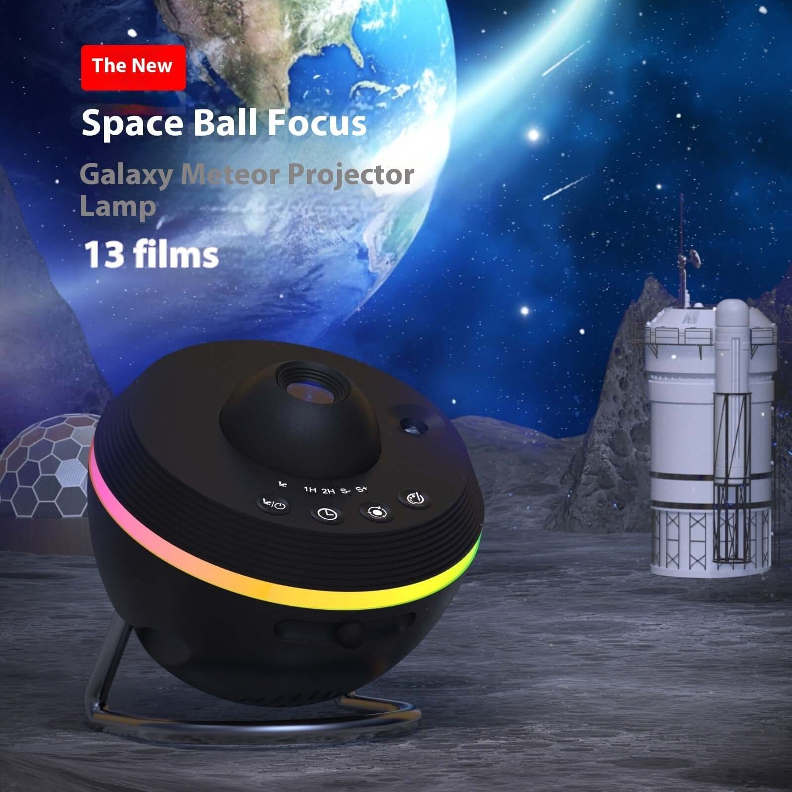 New Space Ball Focus Galaxy Meteor Projector Lamp showcasing 13 films in a cosmic setting.